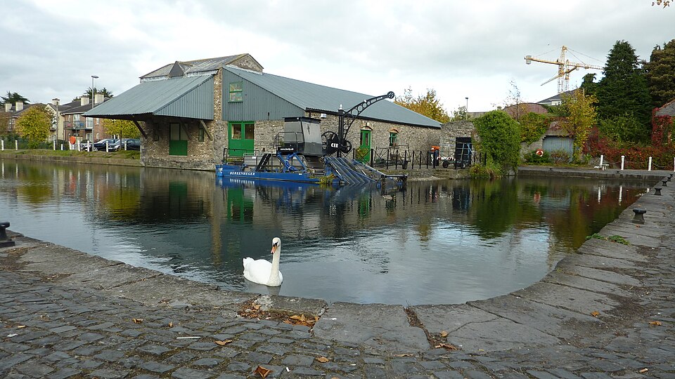 Naas Canal Harbour, with boats and the old harbour building.